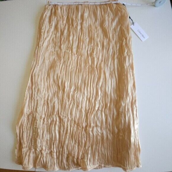 Calvin Klein Skirt Womens M Metallic Gold Shimmery Crinkle Pleated Midi Pull On - Picture 7 of 15